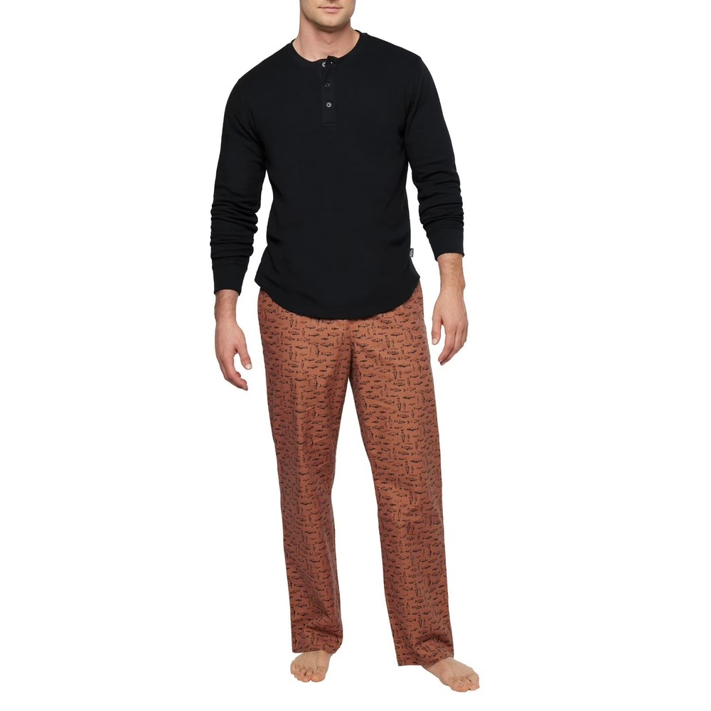NWT Eddie Bauer Mens 2-Piece Flannel Pajama Set Small Black Brown Fish Print NWT